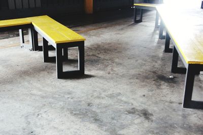 High angle view of empty bench on table