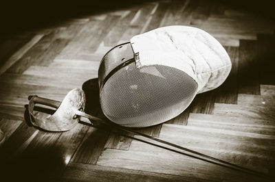 High angle view of hat on table