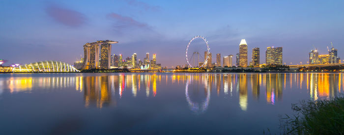 Panoramic view of illuminated cityscape at dusk