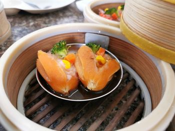 High angle view of food in plate on table