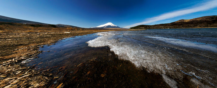 Scenic view of lake against blue sky