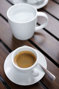 High angle view of coffee cup on table