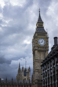 Low angle view of clock tower in city against sky