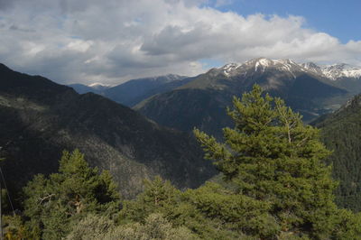 Scenic view of mountains against cloudy sky