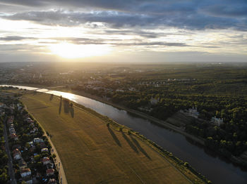 High angle view of cityscape against sky during sunset