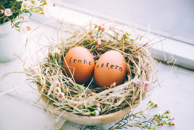 High angle view of eggs on table