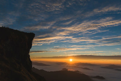 Scenic view of beach against sky at sunset
