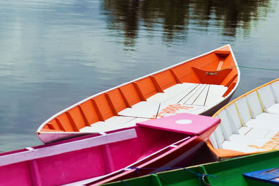 High angle view of boat moored at lake