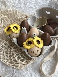 High angle view of eggs on table