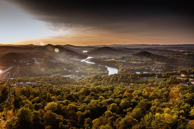 High angle view of townscape against sky during sunset