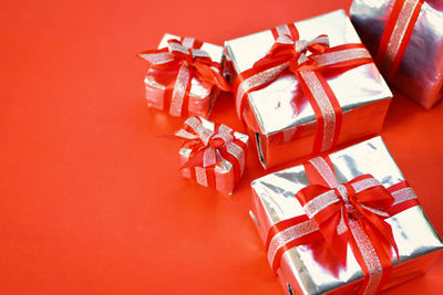 High angle view of christmas presents on table