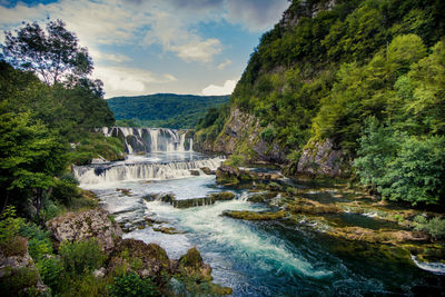 Scenic view of waterfall in forest against sky