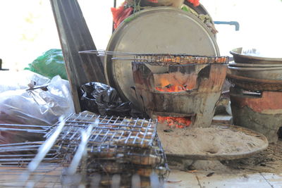 Close-up of meat on barbecue grill