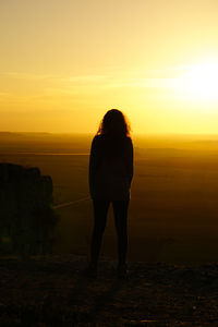 Rear view of silhouette man standing on land against sky during sunset