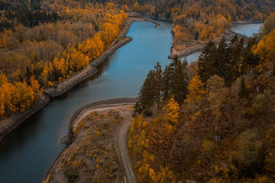 High angle view of lake amidst trees during autumn