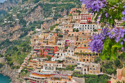 High angle view of buildings in town