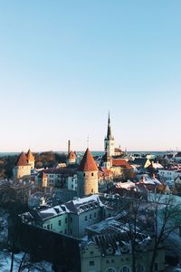 High angle view of townscape against clear sky