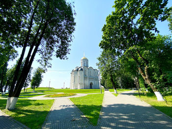 Footpath amidst trees against sky