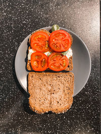 High angle view of breakfast served on table