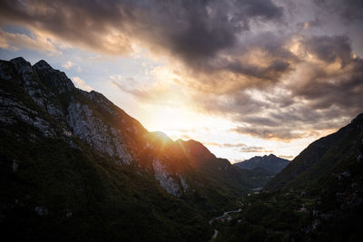 Scenic view of mountains against sky during sunset