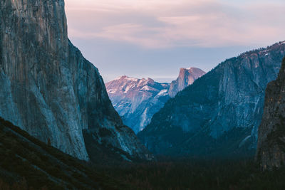 Scenic view of mountains against sky during sunset