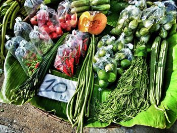 High angle view of vegetables for sale in market