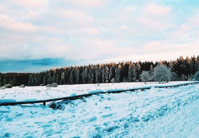 Snow covered landscape against sky