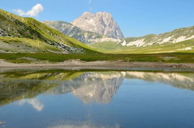 Scenic view of lake and mountains against sky