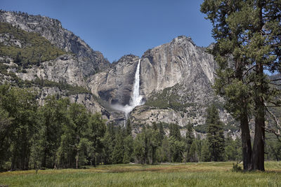 Scenic view of waterfall against sky