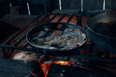 High angle view of food on barbecue grill