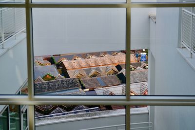 High angle view of food on glass window of building