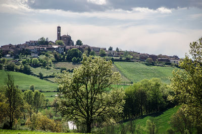 Panoramic shot of trees and buildings against sky