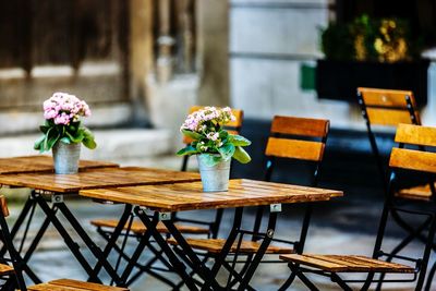 Flower pots on wooden tables