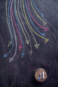 High angle view of chalk drawing on blackboard