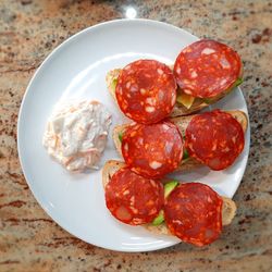High angle view of food in plate on table