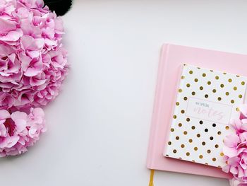 High angle view of pink flower on table