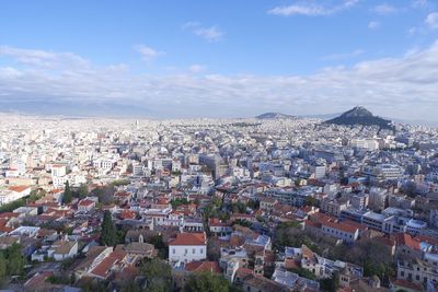 High angle shot of townscape against sky