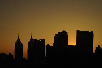 Silhouette of buildings in city during sunset