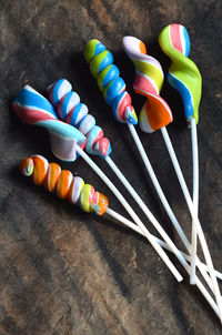 High angle view of colorful candies on table