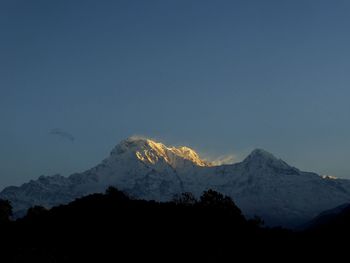 Scenic view of snowcapped mountains against clear sky