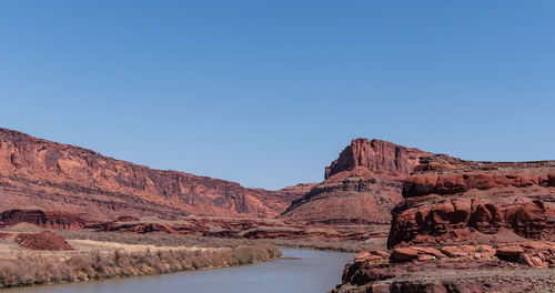 Scenic view of rock formations against clear blue sky