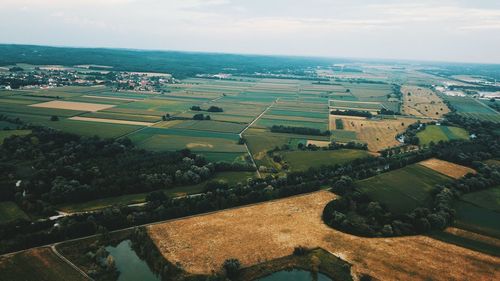 High angle view of agricultural field against sky