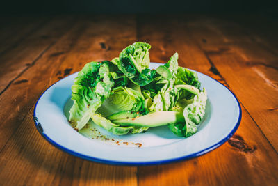 High angle view of salad in plate on table