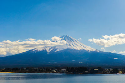 Scenic view of snowcapped mountain against cloudy sky