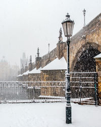 Snow covered buildings against sky in city