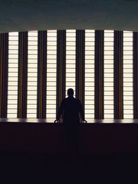 Rear view of silhouette man looking through window