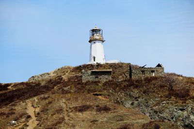 Low angle view of lighthouse against clear sky