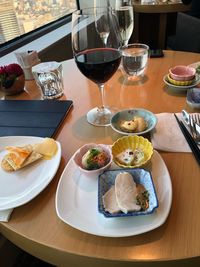 High angle view of breakfast served on table