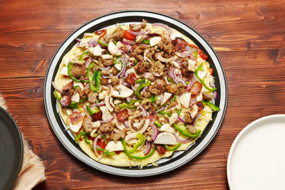 High angle view of food in plate on table