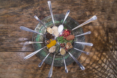 Directly above shot of various spices in spoons on table